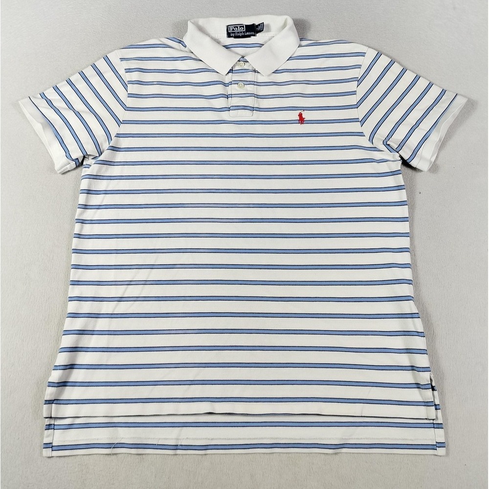 Vintage Polo By Ralph Lauren Polo Shirt Mens XL White Blue Stripe Pony Preppy